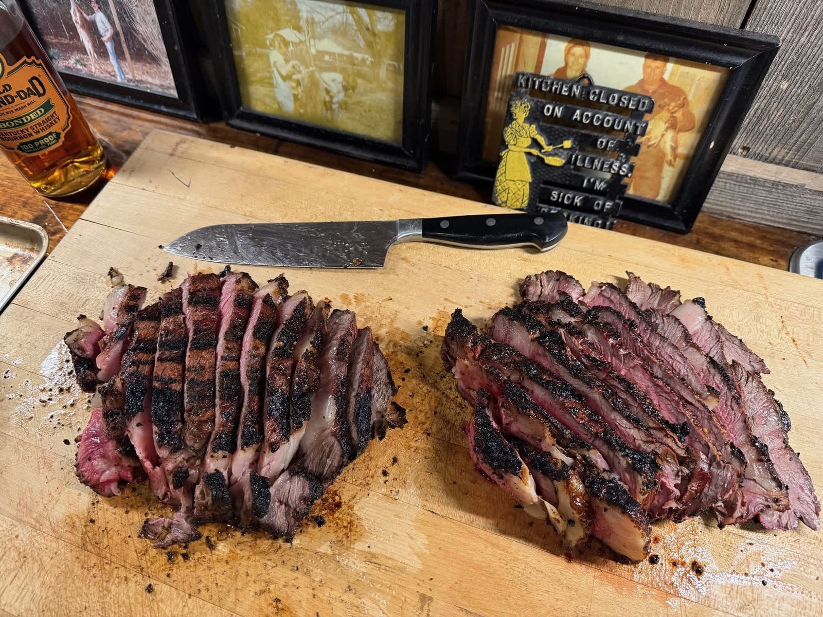 Sliced smoked steak on the cutting board