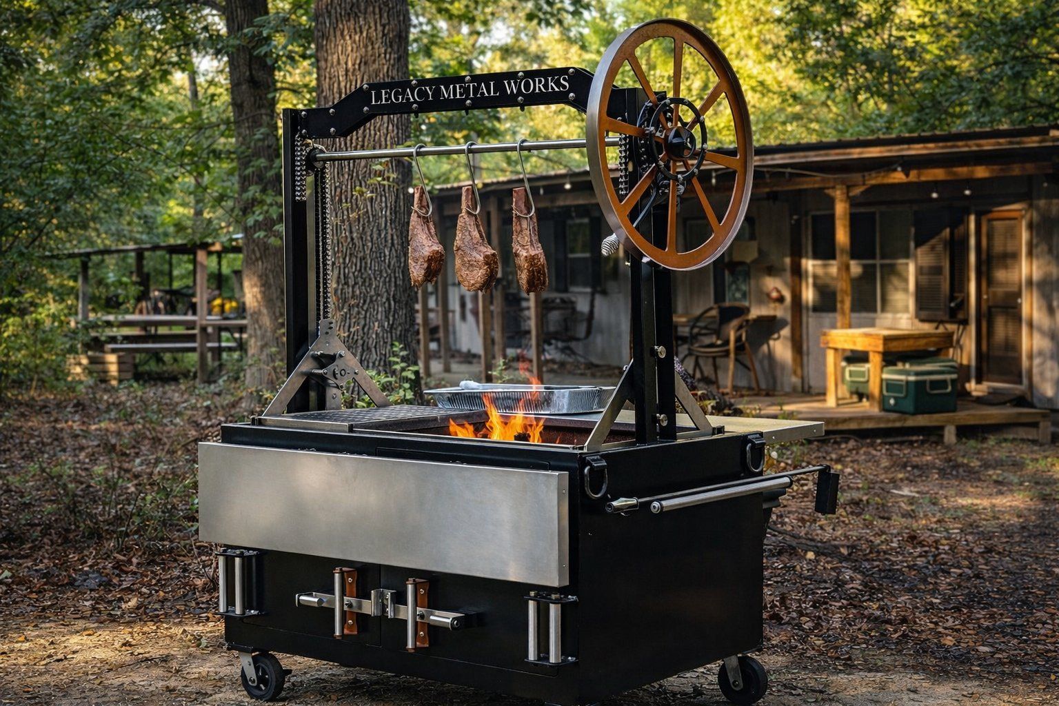 Legacy Metal Works gaucho grill with hanging meat over live fire